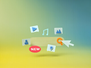 Creative design featuring a floating search bar surrounded by icons