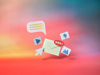 A yellow envelope marked with '999+' floats amidst social media