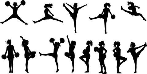 Vector silhouettes of young girls cheerleaders.
