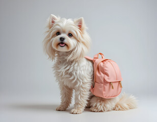 White Fluffy Dog Wearing Pink Backpack on White Background

