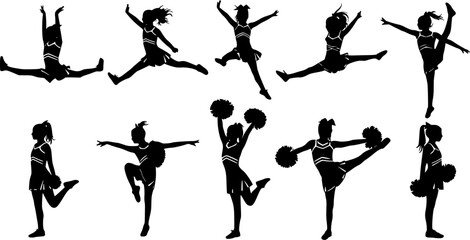 Vector silhouettes of young girls cheerleaders.
