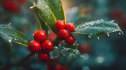 Festive Holly Berries and Leaves with Water Droplets Sparkling in the Light A Winter Season Macro