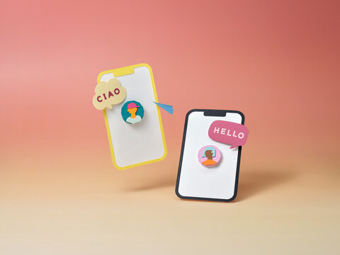 Stylized phones with paper cutouts send 'ciao' and 'hello'