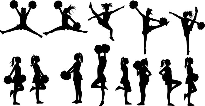 Vector silhouettes of young girls cheerleaders.
