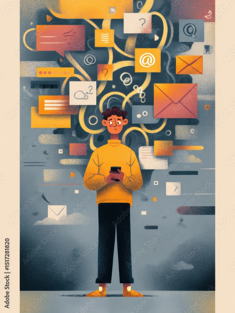 Poster person overwhelmed by digital notifications while holding a smartphone amidst a chaotic background o