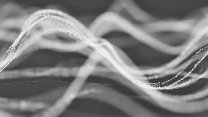 Digital waveforms dancing in sync with invisible music, minimalistic lines and dots, monochrome background with smooth motion, futuristic data concept