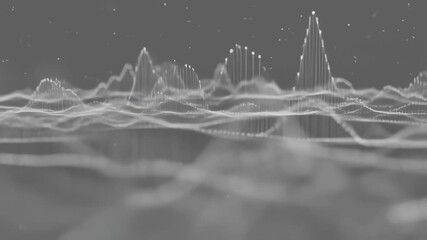 Digital waveforms dancing in sync with invisible music, minimalistic lines and dots, monochrome background with smooth motion, futuristic data concept