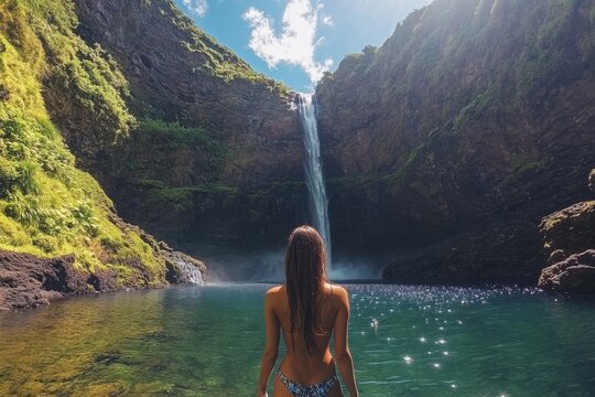 Woman enjoying the cascading waters of Cascata dos Anjos in a serene natural setting, Cascata dos Anjos woman standing under Angels waterfall in Madeira vertical video for social media - Powered by Adobe