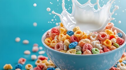 Colorful cereal, milk splash, vibrant, breakfast, bowl, close-up.