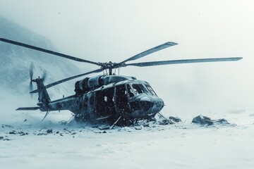 Obraz premium Downed Army helicopter in snowy mountainous terrain during a harsh winter weather event, A close-up view of a downed Army helicopter in a snow-covered landscape