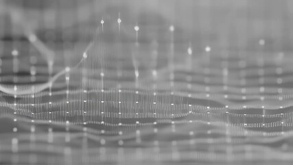 Digital waveforms dancing in sync with invisible music, minimalistic lines and dots, monochrome background with smooth motion, futuristic data concept - Powered by Adobe