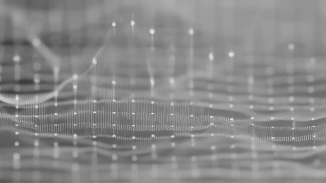 Digital waveforms dancing in sync with invisible music, minimalistic lines and dots, monochrome background with smooth motion, futuristic data concept