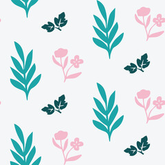Seamless Floral Pattern with Teal Flowers and Pink Leaves on White Background