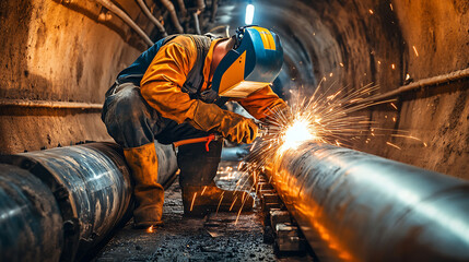 Worker Welding Pipeline in Tunnel