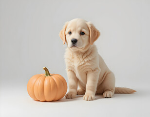 Golden Retriever Puppy Sitting Next to Orange Pumpkin on White Background

