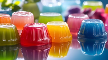 Colorful translucent desserts displayed on a surface.
