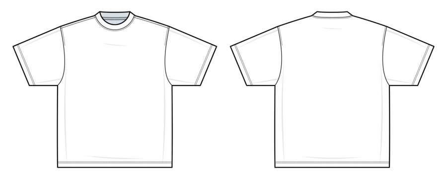 Classic Boxy T-Shirt Technical Fashion Illustration. Basic Short Sleeve Crewneck Tee Vector Template. Front and Back View. Oversized Fit. Minimalist Design. CAD Mockup set.