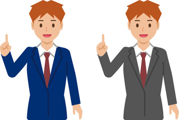 ポイントを説明するショートヘアの若い男性。スーツ姿の上半身