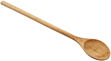 A single wooden spoon with a long handle and a rounded scoop lying diagonally on a black background
