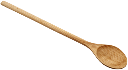 A single wooden spoon with a long handle and a rounded scoop lying diagonally on a black background
