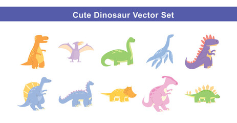 Cute Cartoon Dinosaurs Vector Set - Colorful Prehistoric Animal Collection  © VS