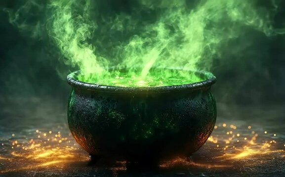Witch's cauldron boiling over with green mist, sparks flying, 3D Render Blender Style, middle shot, isolated background, with space for text.