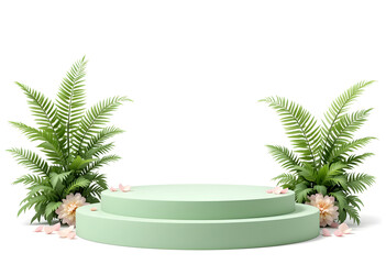Green Round Podium with Tropical Plants and Flowers

