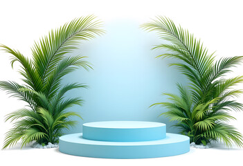 Blue Round Podium with Palm Leaves and Gradient Background

