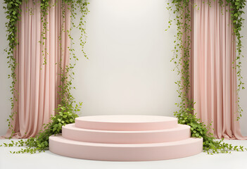 Pink Round Podium with Draped Fabric and Hanging Greenery

