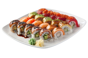 Assorted sushi rolls on a white plate with wasabi and ginger, colorful Japanese cuisine featuring fresh fish, rice, and seaweed, isolated on white background