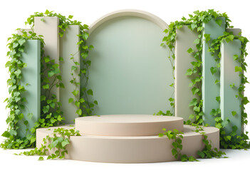 Beige Circular Podium with Green Ivy Columns and Arched Backdrop