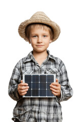 Smiling Boy in Straw Hat Holding Small Solar Panel Isolated on White Background, Renewable Energy Concept