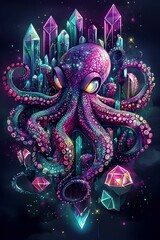 Obraz premium Octopus with crystal and gems. Colorful illustration on dark background