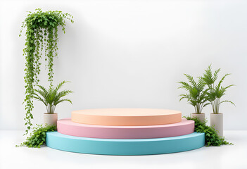 Pastel Orange and Blue Podium with Potted Plants and Hanging Ivy