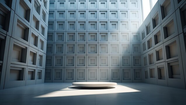 Modern architecture with geometric patterns and a podium