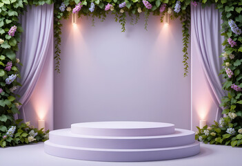  Lavender Round Podium with Floral Drapes and Ivy Decorated Wall