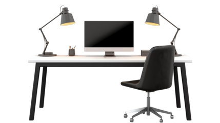 Workspace setup with computer desk lamps and office chair