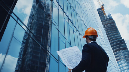 Architect reviewing blueprints in front of a modern skyscraper under construction