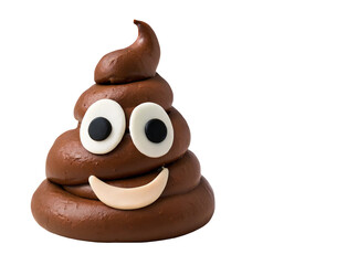 A smiling poop emoji with googly eyes on a black background in a studio shot with soft lighting