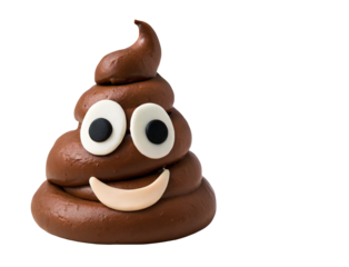 A smiling poop emoji with googly eyes on a black background in a studio shot with soft lighting