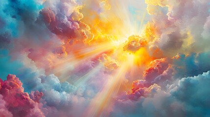 Vibrant, colorful cloudscape with radiant light rays.