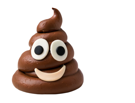 A smiling poop emoji with googly eyes on a black background in a studio shot with soft lighting