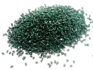 green polymer granules, green masterbatch granules, cold cutting material type, isolated on white...