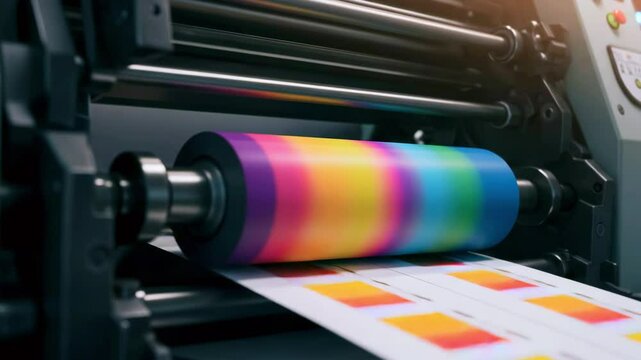 Vibrant color printing process in a modern printing press showcasing ink rollers and samples