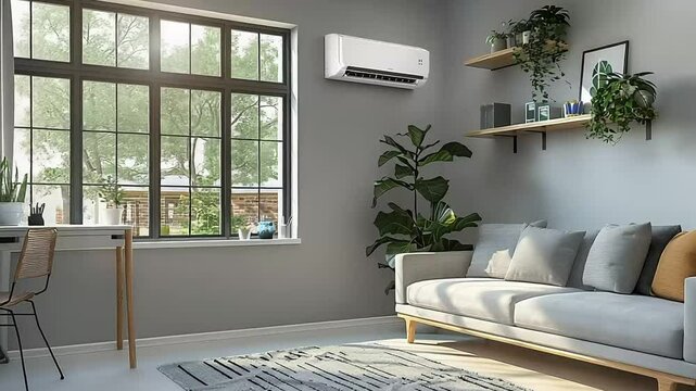 Modern living room with wall-mounted AC unit.  Bright, airy space with natural light, comfortable furniture, and stylish decor