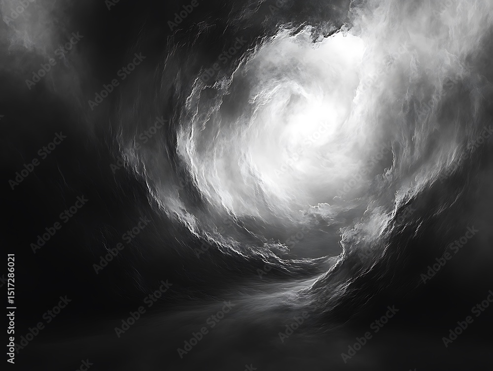 Poster mystical ethereal vortex of clouds and light in monochromatic abstract form