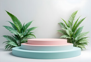 Multi-Level Pastel Podium with Large Decorative Leaves