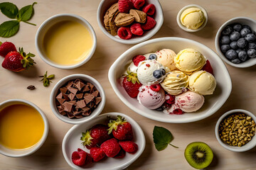 A variety of vibrant and colorful desserts are meticulously arranged on the wooden surface.