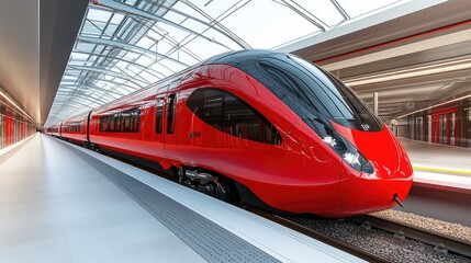 Fototapeta premium Modern Red Train at Station Platform
