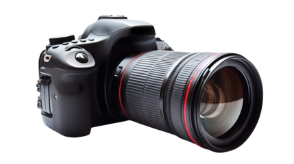 A black camera with a large lens on a transparent background
